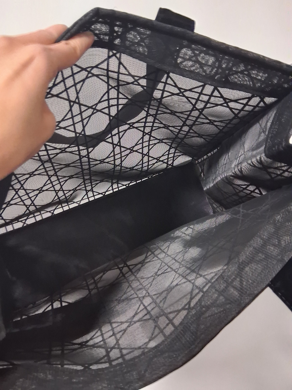 Black Mesh Tote Bag with Geometric Pattern White Logo. - Picture 3 of 4